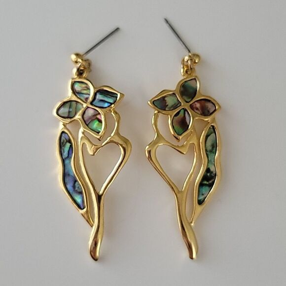 𝅺Vintage Earrings Abalone Seashell Gold Tone Floral Earrings Signed #0045 - Picture 5 of 11